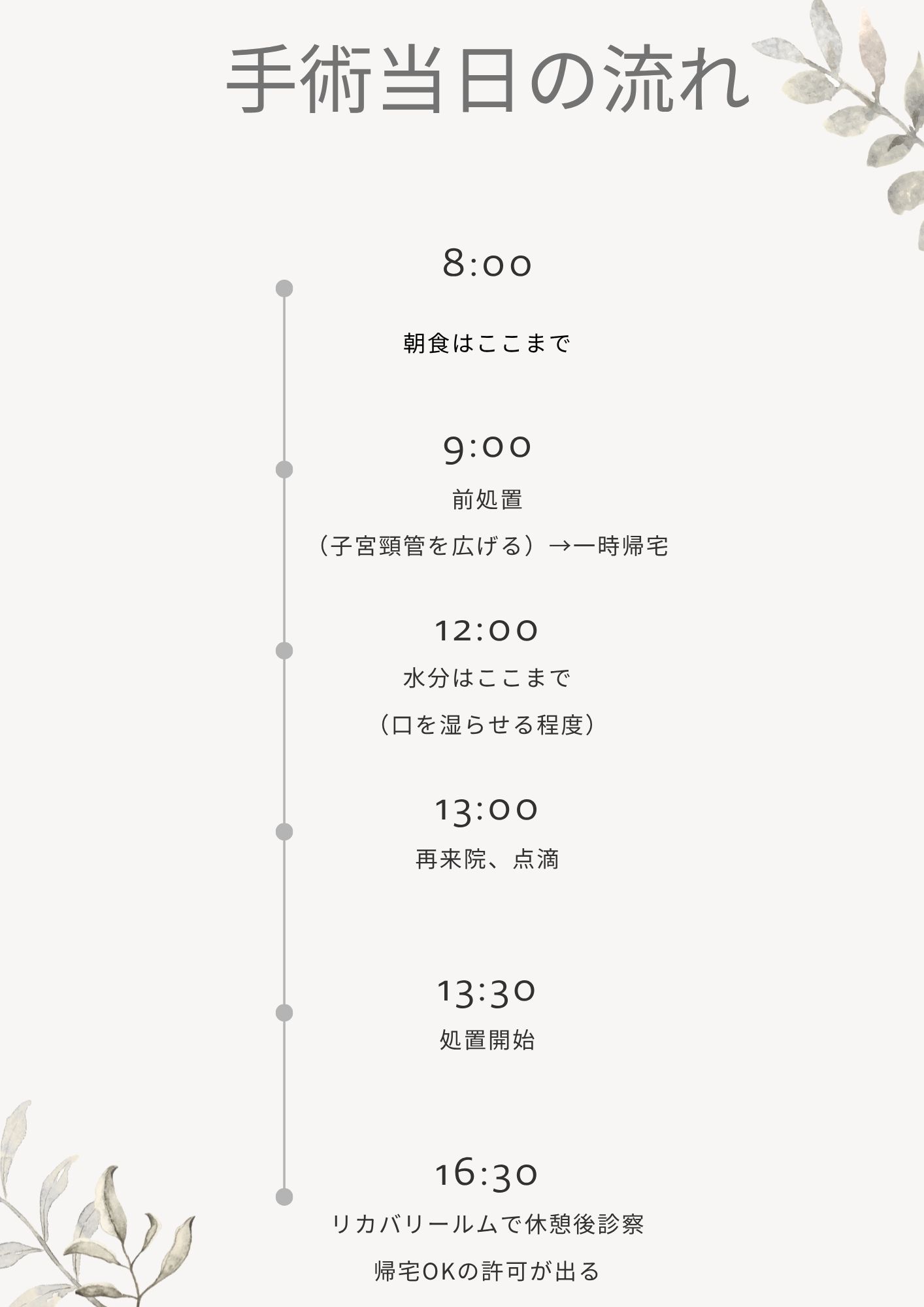 手術当日の流れ。朝食は8時まで、9時に前処置して一時帰宅、12時まで水分、13時に再来院して点滴、13時30分に処置開始、16時30分に帰宅。